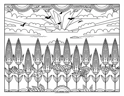 Dibujo del color amarillo para colorear para adultos: Tallos de maíz se elevan bajo un cielo con pájaros y trazos en espiral