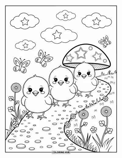 Dibujo del color amarillo para colorear para adultos: Pollitos esponjosos exploran un sendero de tréboles con mariposas y una seta estrellada