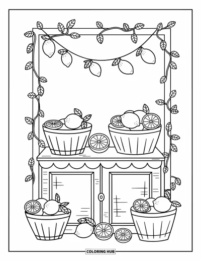 Dibujo del color amarillo para colorear para adultos: Limones frescos y vasos de papel decoran un puesto encantador con guirnaldas de limones colgantes