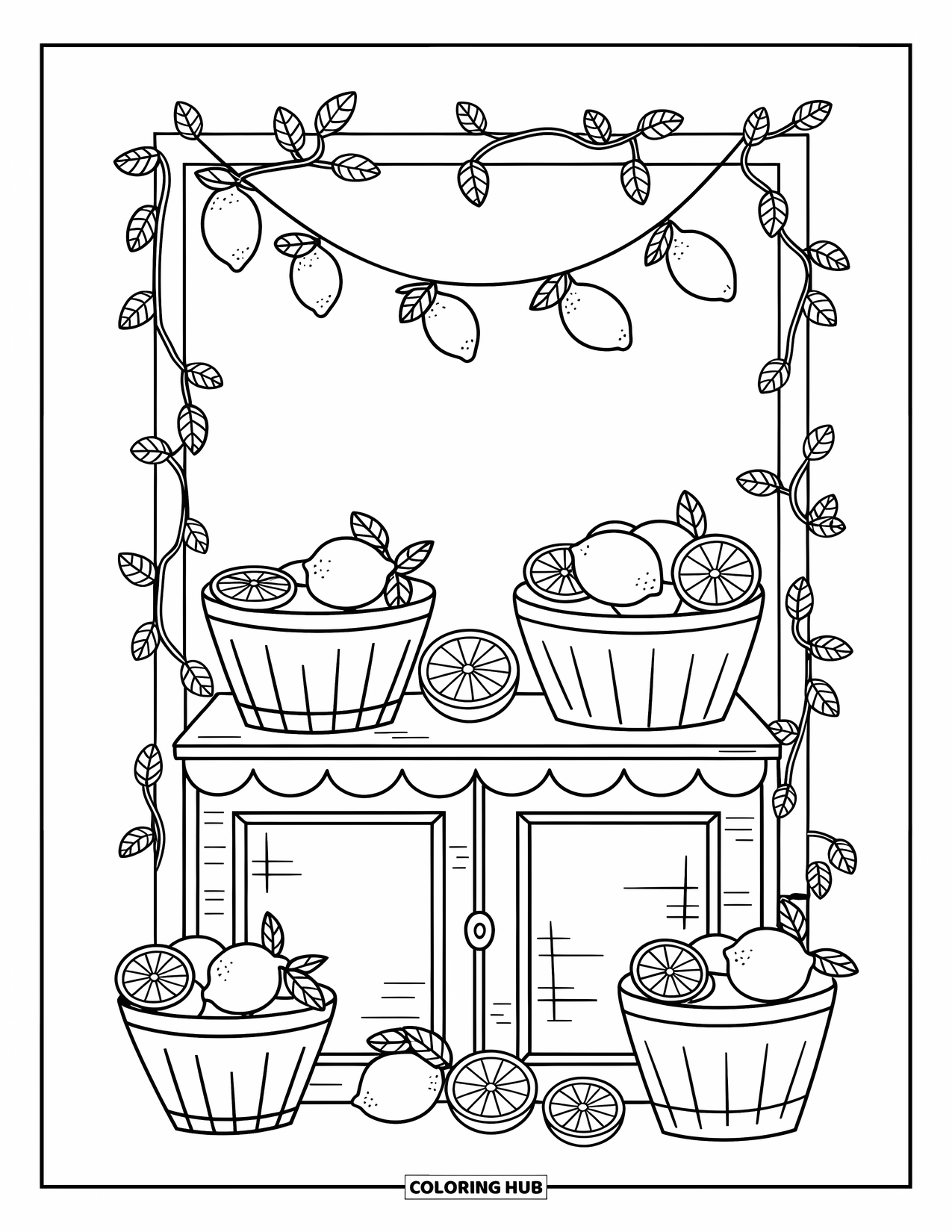Yellow Coloring Page for Adults: Fresh lemons and paper cups decorate a cute stand with hanging lemon garlands