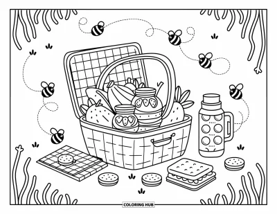 Dibujo del color amarillo para colorear para adultos: Frutas y galletas salen de una cesta de picnic rodeada de abejas y hierba suave