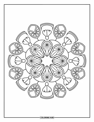 Dibujo del color amarillo para colorear para adultos: Formas de limón y tulipán crean un mandala llamativo con un borde decorativo