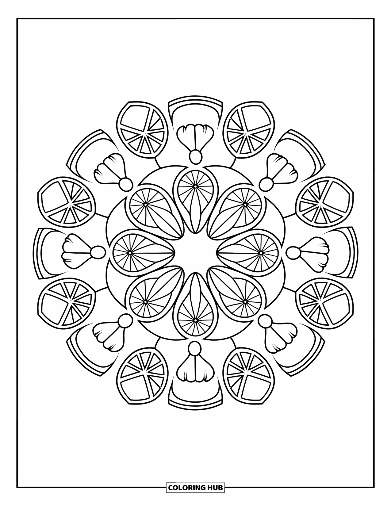 Yellow Coloring Page for Adults: Lemon and tulip shapes create a bold mandala with a decorative border