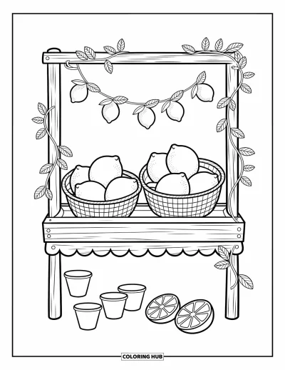 Dibujo del color amarillo para colorear para adultos: Cestas de limones y guirnaldas de hojas llenan un puesto rústico con mucho encanto