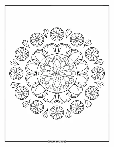 Dibujo del color amarillo para colorear para adultos: Rodajas de limón y pétalos de tulipán forman un mandala redondo en el centro