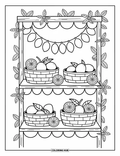 Dibujo del color amarillo para colorear para adultos: Limones, vasos y flores decoran un puesto de madera acogedor con encanto cítrico