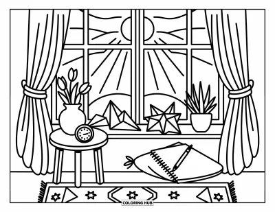 Dibujo del color amarillo para colorear para adultos: La luz de la mañana llena una habitación con tulipanes, estrellas de papel y una alfombra de colores