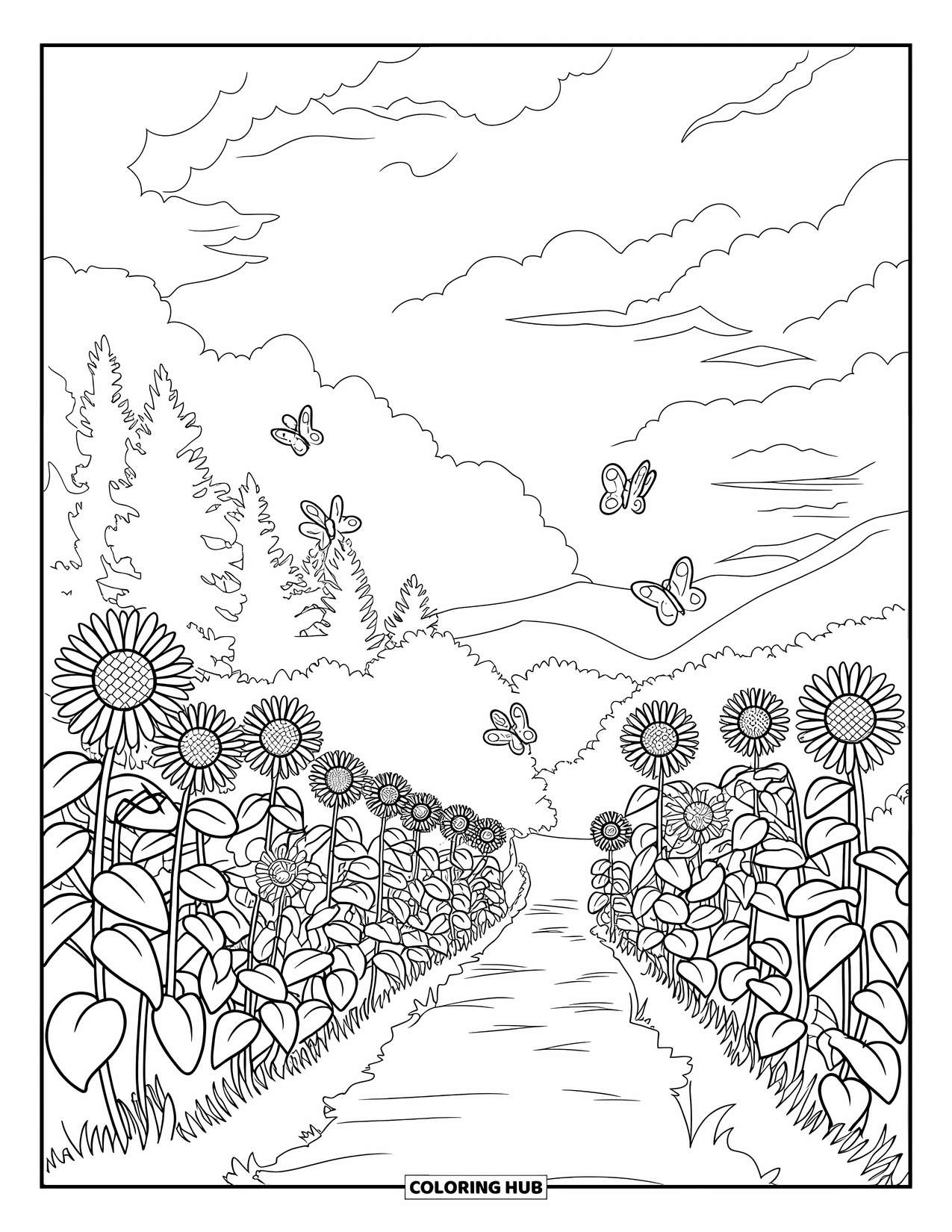 Yellow Coloring Page for Adults: Sunflowers and butterflies line a scenic path with hills and trees