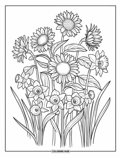 Dibujo del color amarillo para colorear para adultos: Girasoles y narcisos dispuestos con hojas detalladas y contornos marcados