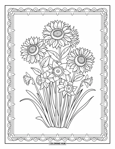Dibujo del color amarillo para colorear para adultos: Girasoles y narcisos florecen en un diseño enmarcado con motivos decorativos