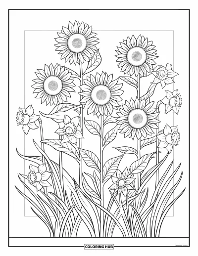 Dibujo del color amarillo para colorear para adultos: Girasoles y narcisos florecen con tallos y hojas intrincados en un marco rectangular