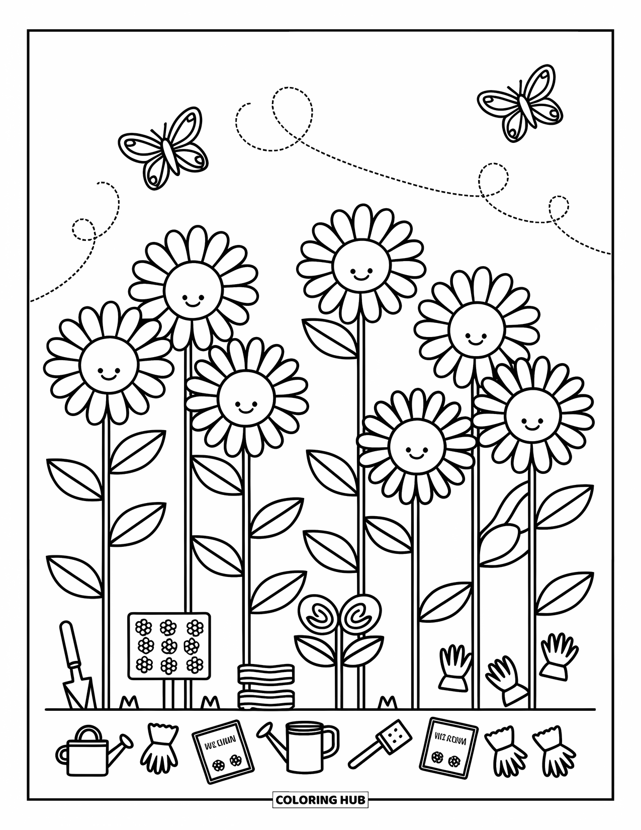 Yellow Coloring Page for Adults: Sunflowers stretch tall above gloves, seed packets, and fluttering butterflies