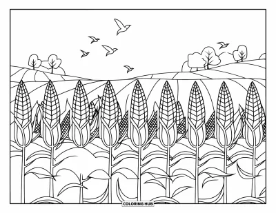 Dibujo del color amarillo para colorear para adultos: Tallos de maíz altos y pájaros en vuelo llenan una apacible escena campestre
