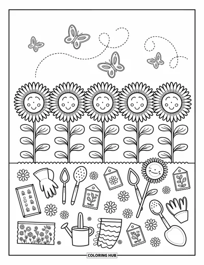 Dibujo del color amarillo para colorear para adultos: Girasoles altos florecen sobre pequeñas herramientas de jardinería y mariposas juguetonas