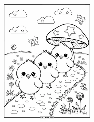 Dibujo del color amarillo para colorear para adultos: Tres pollitos simpáticos caminan por un sendero sinuoso rodeado de mariposas y flores silvestres