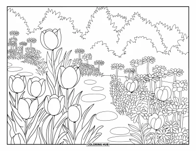 Dibujo del color amarillo para colorear para adultos: Tulipanes y margaritas bordean un sendero de jardín con árboles al fondo