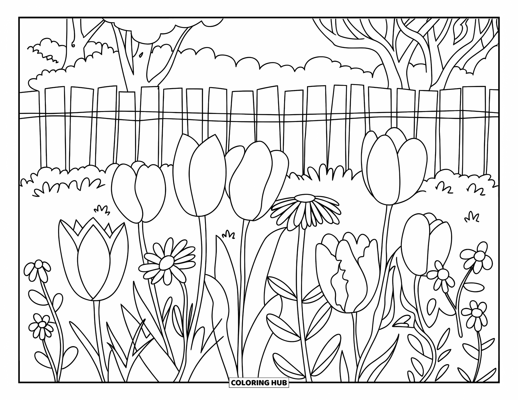 Yellow Coloring Page for Adults: Yellow flowers grow near a rustic fence and trees in a cozy garden