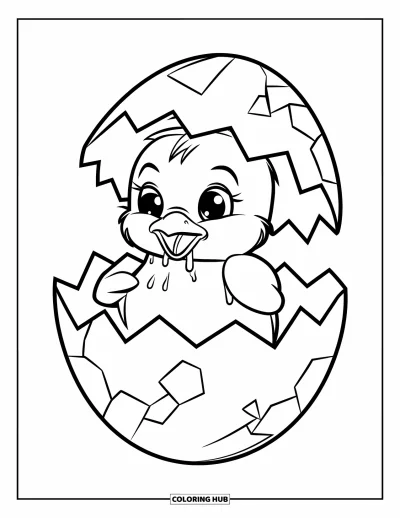Dibujo del color amarillo para colorear para niños: Un pollito se seca mientras está sentado en un huevo roto