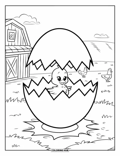 Dibujo del color amarillo para colorear para niños: Un pollito recién nacido sale de un huevo grande en una granja tranquila