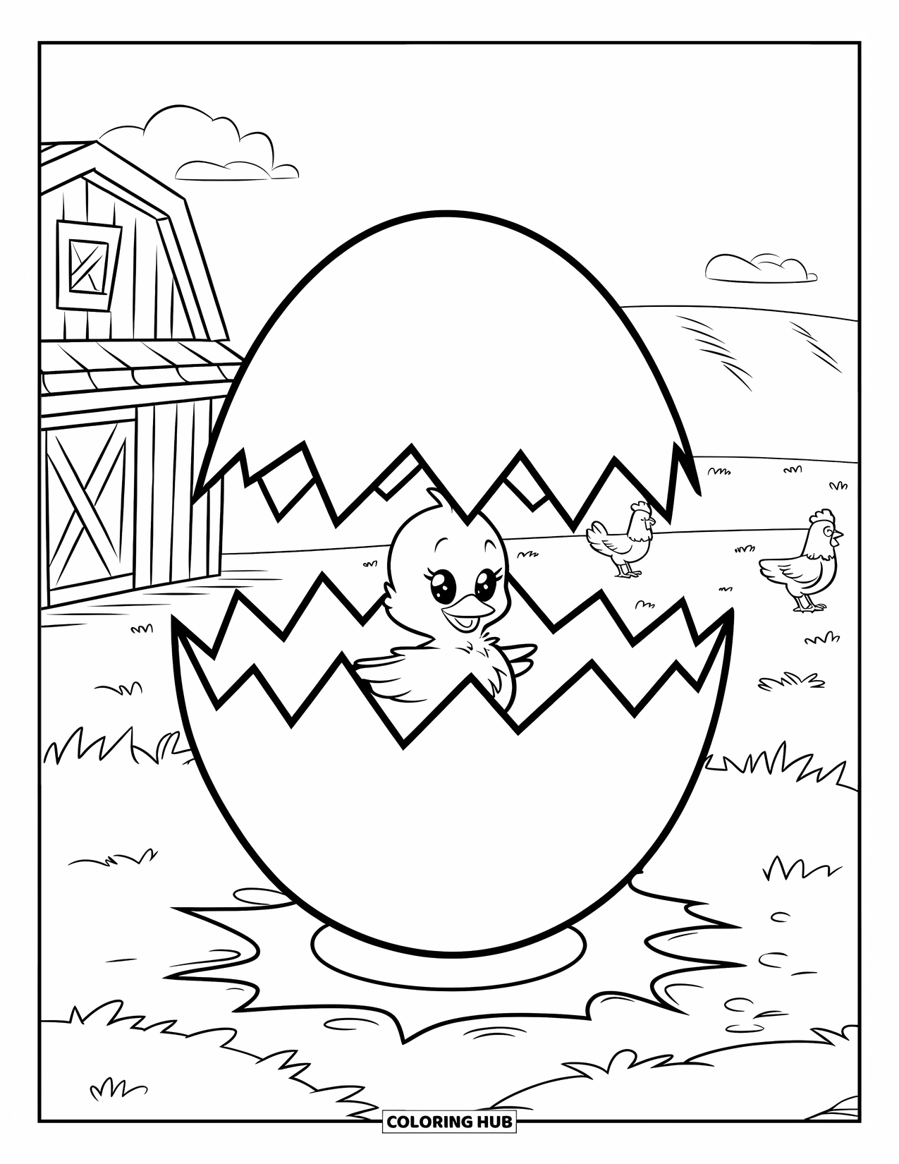 Yellow Coloring Page for Kids: A baby chick hatches from a large egg on a quiet farm