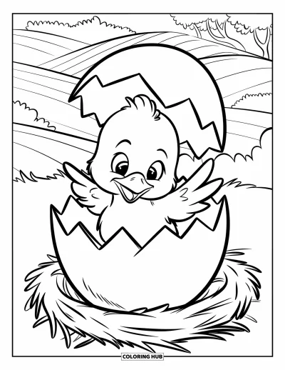 Dibujo del color amarillo para colorear para niños: Un pollito asoma la cabeza de un huevo grande sobre un nido de paja