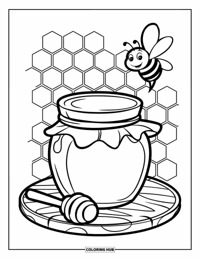Dibujo del color amarillo para colorear para niños: Una abeja vuela sobre un tarro de miel en una tabla de madera con panal