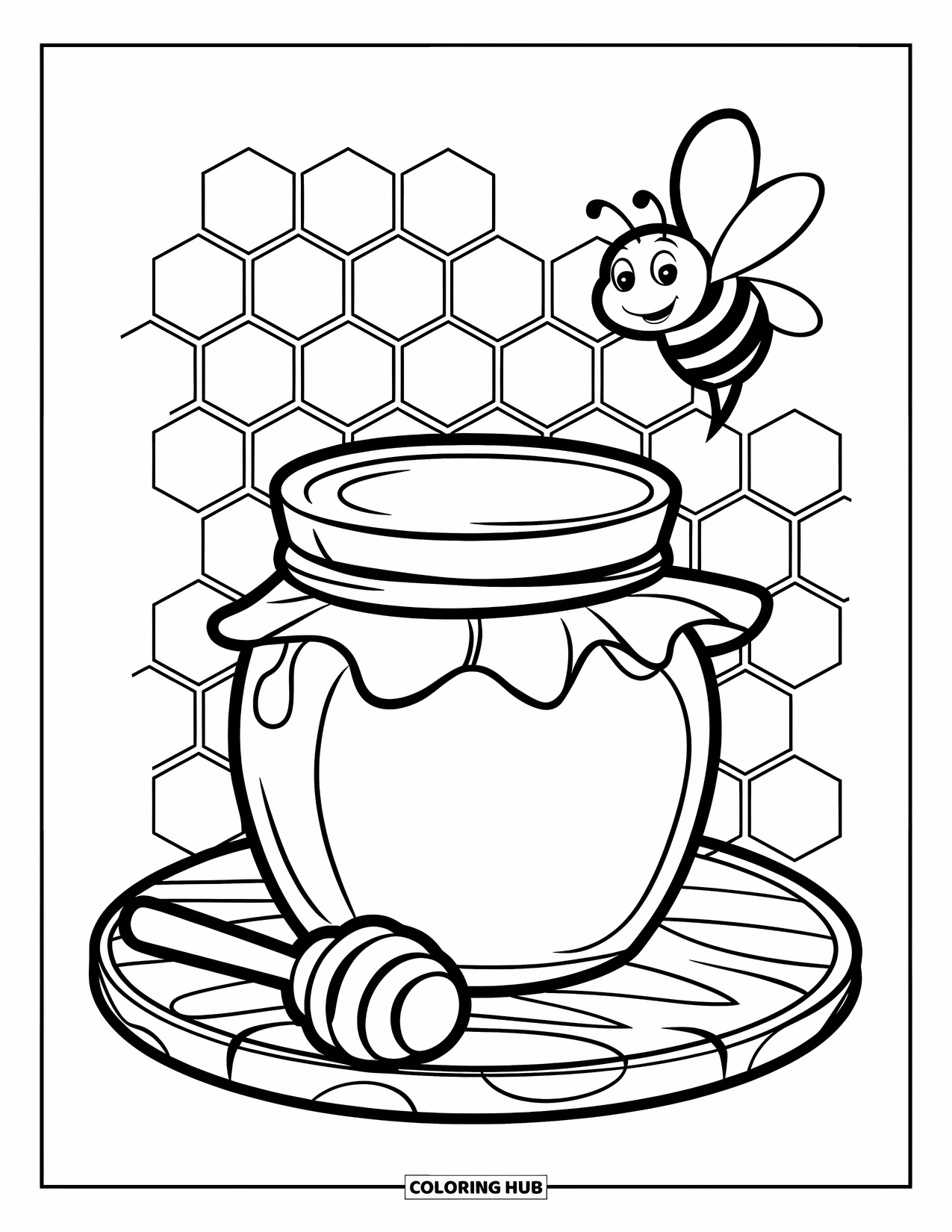 Yellow Coloring Page for Kids: A bee flies above a honey jar on a wooden board with honeycomb