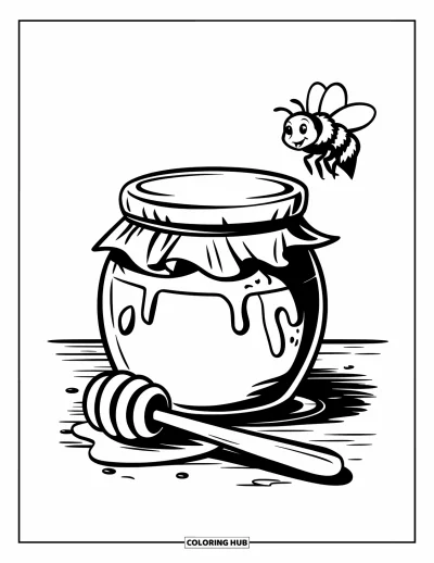 Dibujo del color amarillo para colorear para niños: Una abeja revolotea cerca de un tarro de miel y un palito sobre una superficie de madera