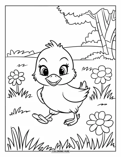 Dibujo del color amarillo para colorear para niños: Un pollito pasea por un campo con hierba, flores y un árbol