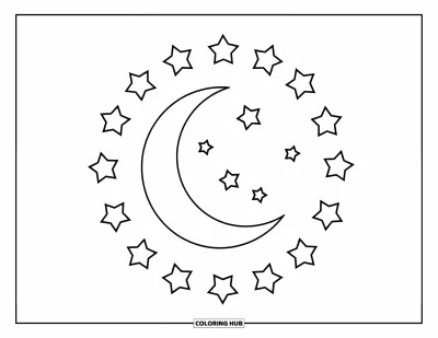 Dibujo del color amarillo para colorear para niños: Una luna creciente rodeada de estrellas en el cielo