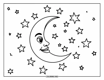 Dibujo del color amarillo para colorear para niños: Una luna creciente con cara simpática y estrellas dispersas