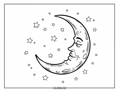 Dibujo del color amarillo para colorear para niños: Una luna creciente con cráteres y pequeñas estrellas esparcidas