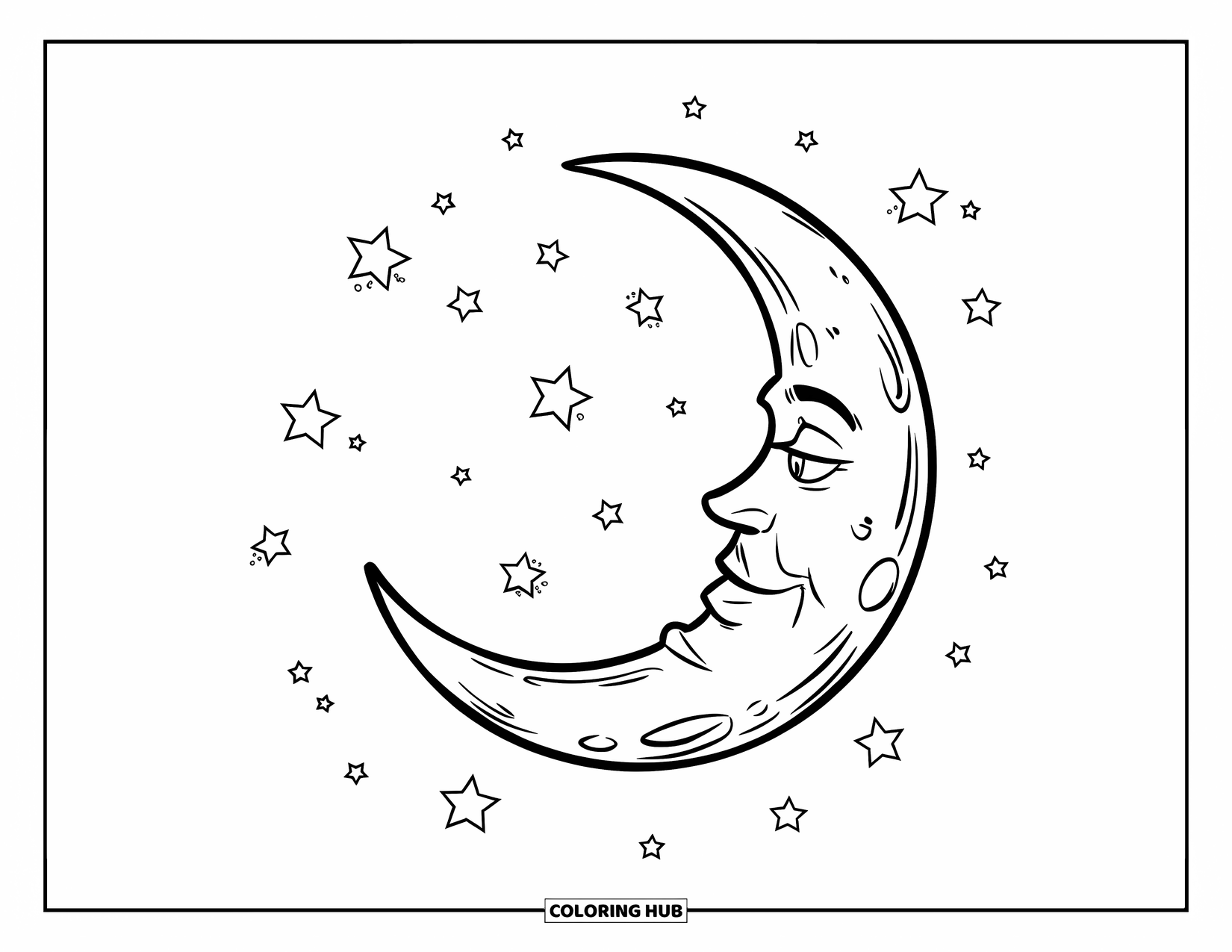 Yellow Coloring Page for Kids: A crescent moon with craters and scattered little stars