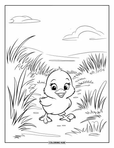 Dibujo del color amarillo para colorear para niños: Un pollito simpático camina por un sendero de tierra rodeado de hierba alta y cielo azul