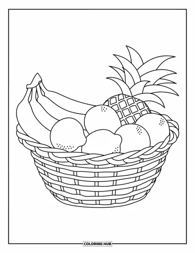 Dibujo del color amarillo para colorear para niños: Una cesta de frutas detallada con plátano, limón y piña de aspecto expresivo