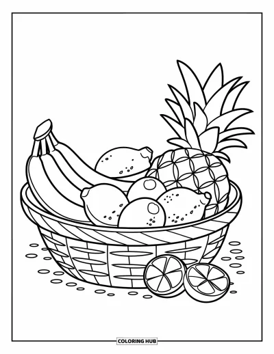 Dibujo del color amarillo para colorear para niños: Una cesta de frutas con formas llamativas de plátano, limón y piña
