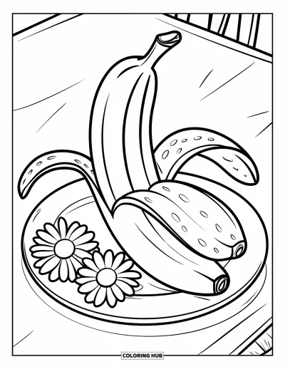 Dibujo del color amarillo para colorear para niños: La mitad de un plátano con semillas descansa en un plato con margaritas