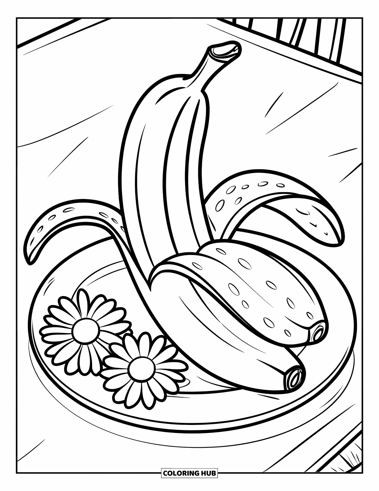 Yellow Coloring Page for Kids: A halved banana with seeds sits on a plate with daisies