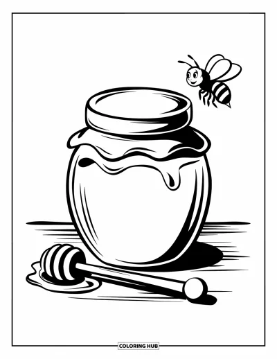 Dibujo del color amarillo para colorear para niños: Un tarro de miel junto a un palito de miel y una abeja