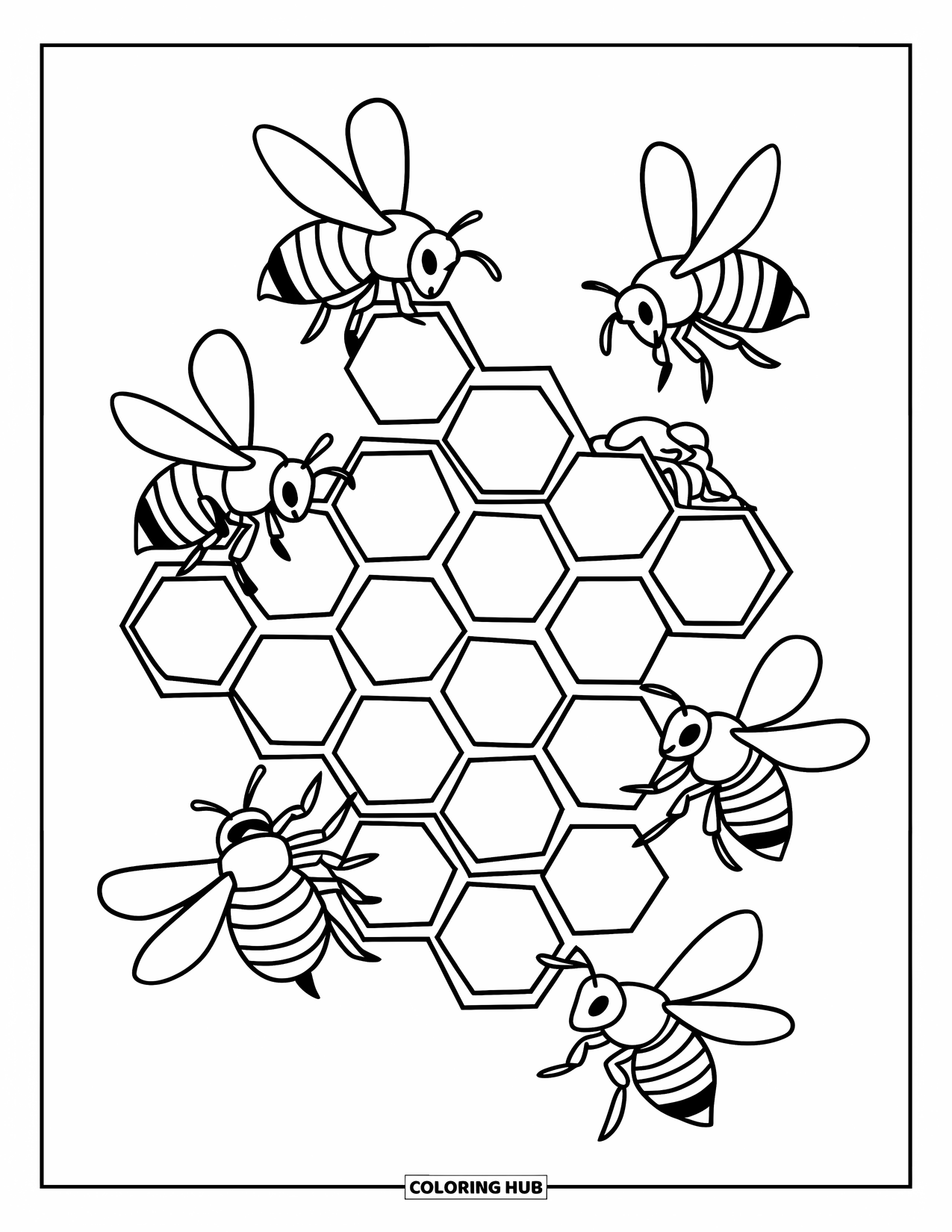 Yellow Coloring Page for Kids: A honeycomb with buzzing bees flying around its hexagonal cells