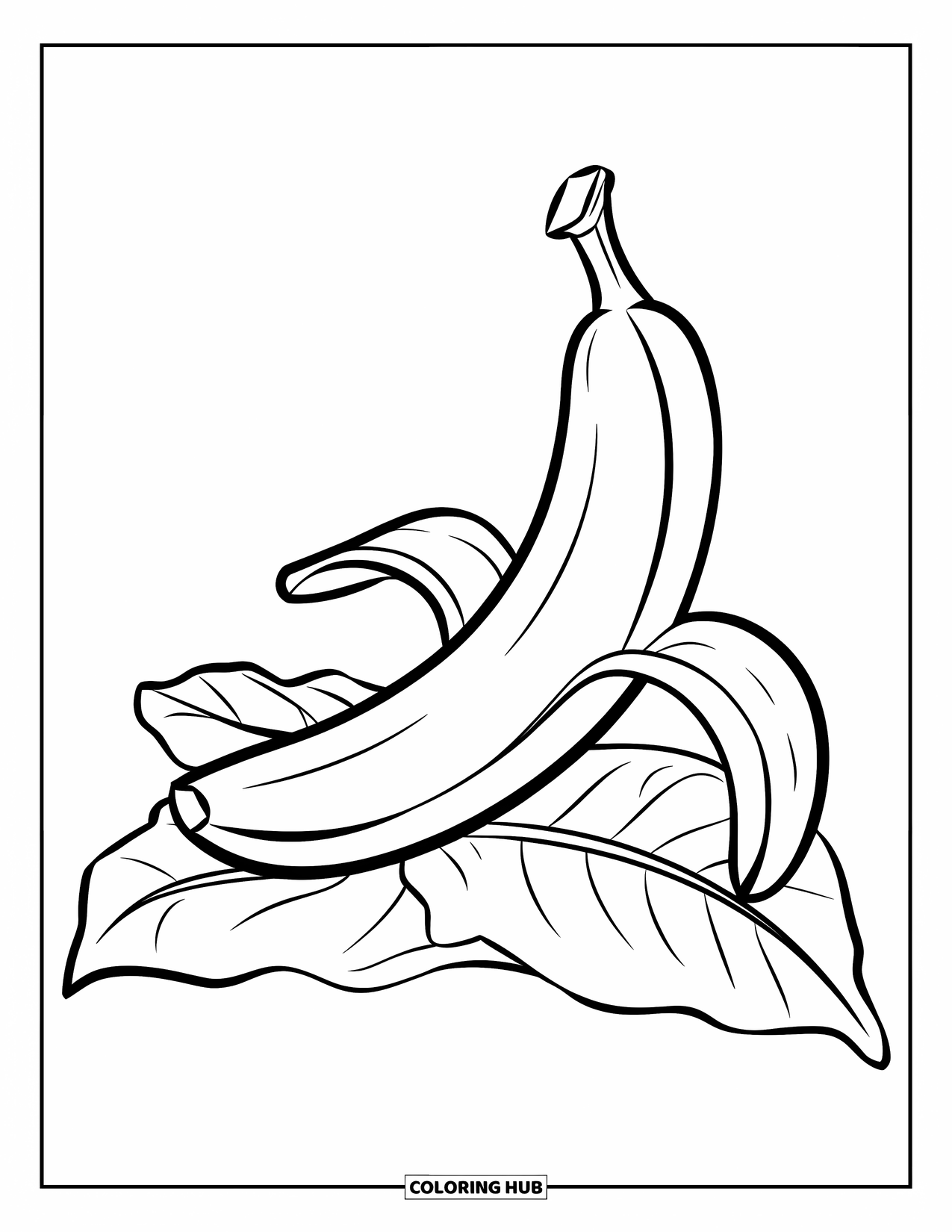 Yellow Coloring Page for Kids: A large banana rests on a leaf with bold, simple peel lines