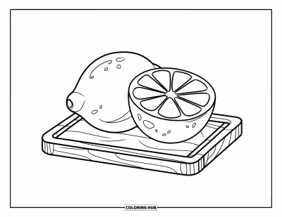 Dibujo del color amarillo para colorear para niños: Un limón y su rodaja descansan sobre una tabla de cortar con semillas visibles
