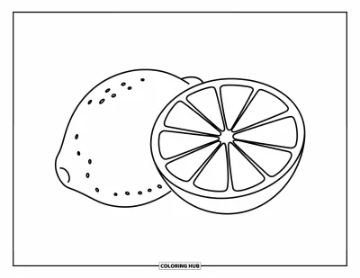 Dibujo del color amarillo para colorear para niños: Un limón y una rodaja con formas sencillas colocados juntos con orden