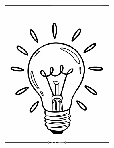 Dibujo del color amarillo para colorear para niños: Una bombilla cuelga de un cable con rayos de luz brillante