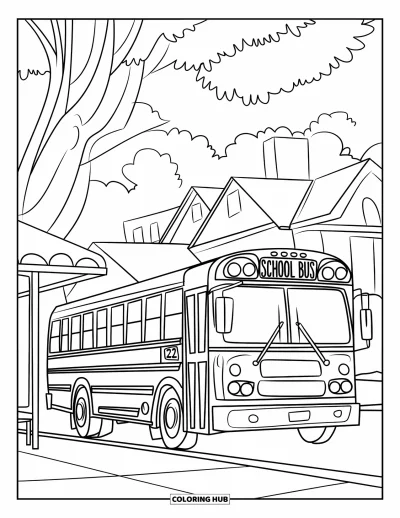 Dibujo del color amarillo para colorear para niños: Un autobús escolar rojo con el número 22 se detiene cerca de casas y un árbol