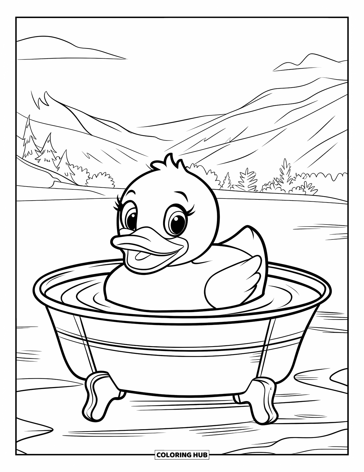 Yellow Coloring Page for Kids: A rubber duck floats in a tub near mountains and trees