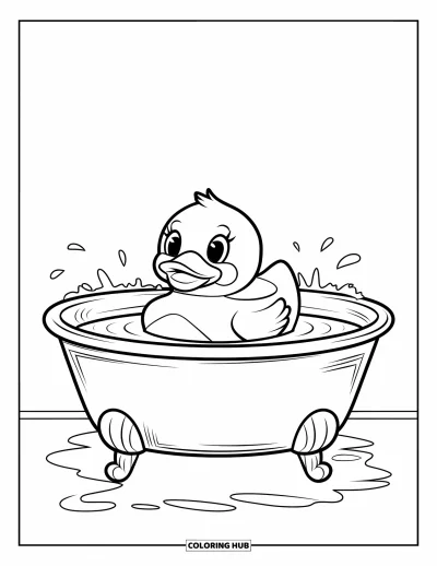 Dibujo del color amarillo para colorear para niños: Un pato de goma con ojos grandes flota en una bañera con pequeñas salpicaduras