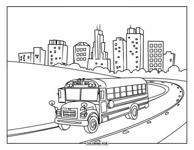 Dibujo del color amarillo para colorear para niños: Un autobús escolar circula por una carretera curva con edificios altos a lo lejos