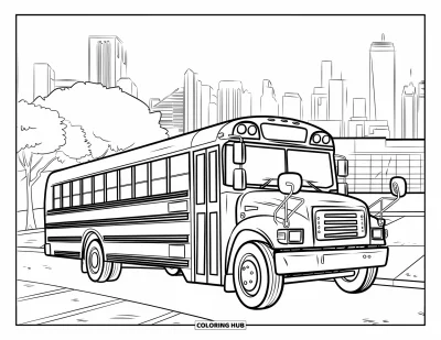 Dibujo del color amarillo para colorear para niños: Un autobús escolar junto a edificios de ciudad con árboles y una carretera asfaltada