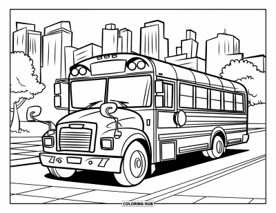 Dibujo del color amarillo para colorear para niños: Un autobús escolar con ventanas redondas junto a edificios singulares y señales en la calzada